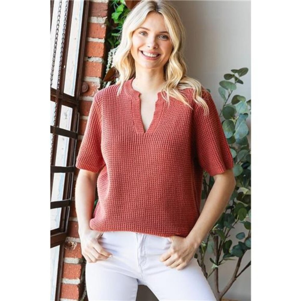 First Love Notched Short Sleeve Knit‎ Top